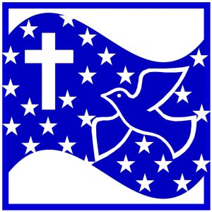 Blue background with white stars, white dove and white stars. Blue is for the blue sky, white stars symbolize the universe, the white dove is for peace flying from me to you and the cross means sacrifice for greater good.